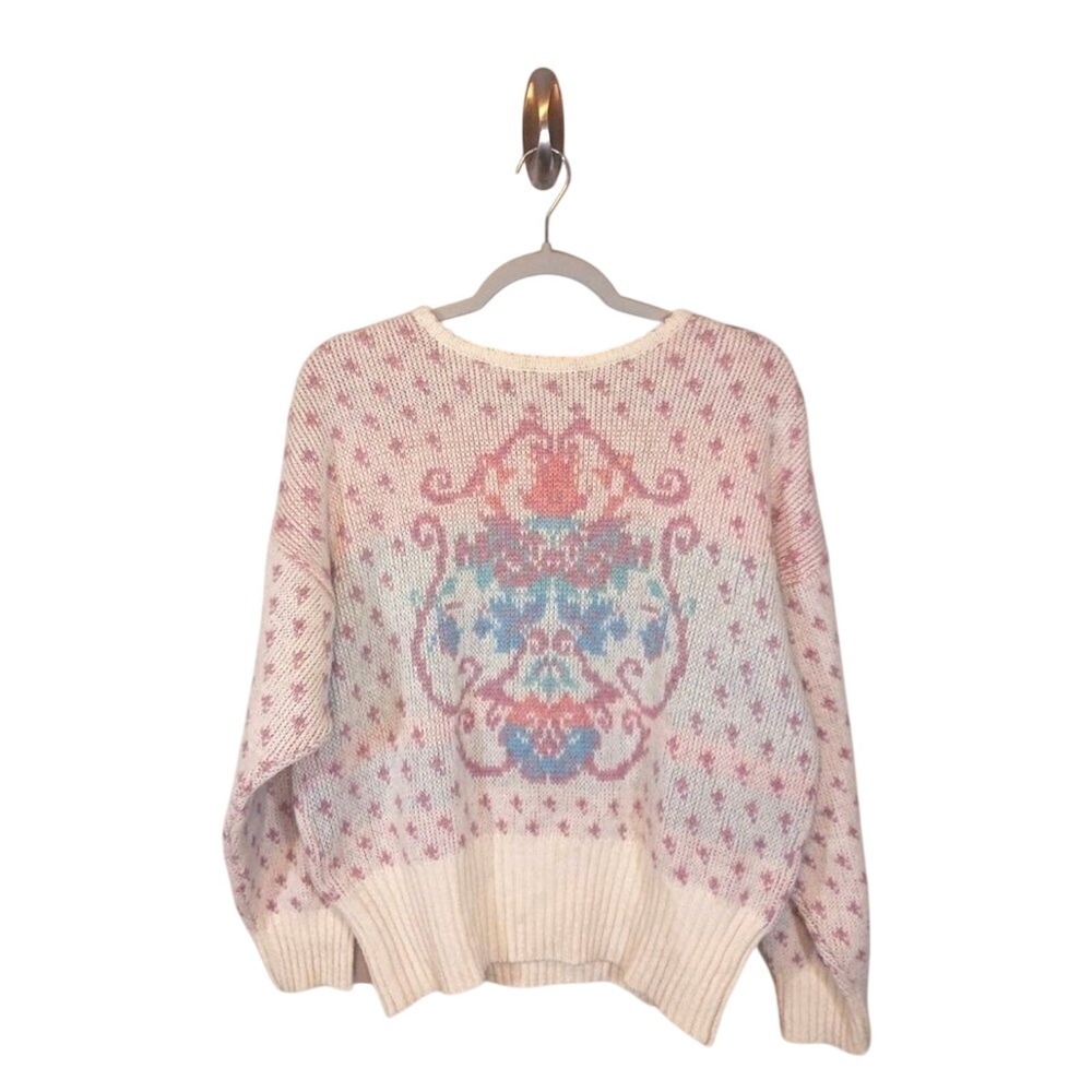 Vintage 90s Wool Blend Fair Isle Sweater Women's XL Pastel Floral Knit